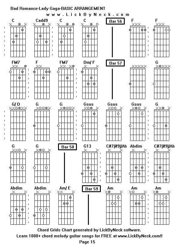 Chord Grids Chart of chord melody fingerstyle guitar song-Bad Romance-Lady Gaga-BASIC ARRANGEMENT,generated by LickByNeck software.